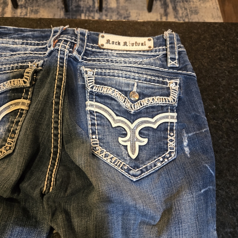 Rock Revival Distressed Blue Jeans with Embroidered Pockets May Bootcut Size 30